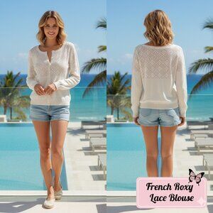 French Roxy Women L Lace Blouse Button L/S 100% Cotton Cream Romantic Fairy Twee